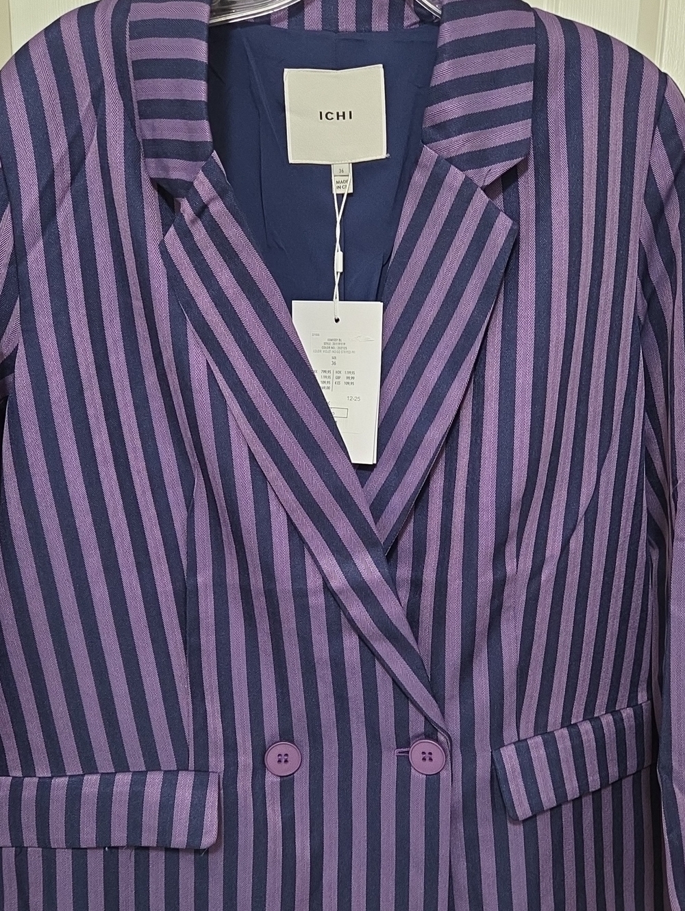 NWT ICHI Purple Stripe Double-Breasted Blazer Lightweight Tailored Career Office - Picture 4 of 8